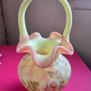 Fenton Burmese Diamond Heirloom Optics Hand Painted Glass Basket